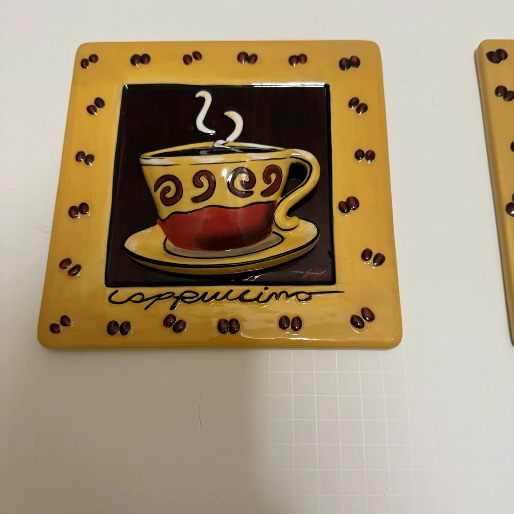 Vntg Porcelain Wall Decor Coffee Bistro Theme Set Of 2 Raised Design Mochaccina